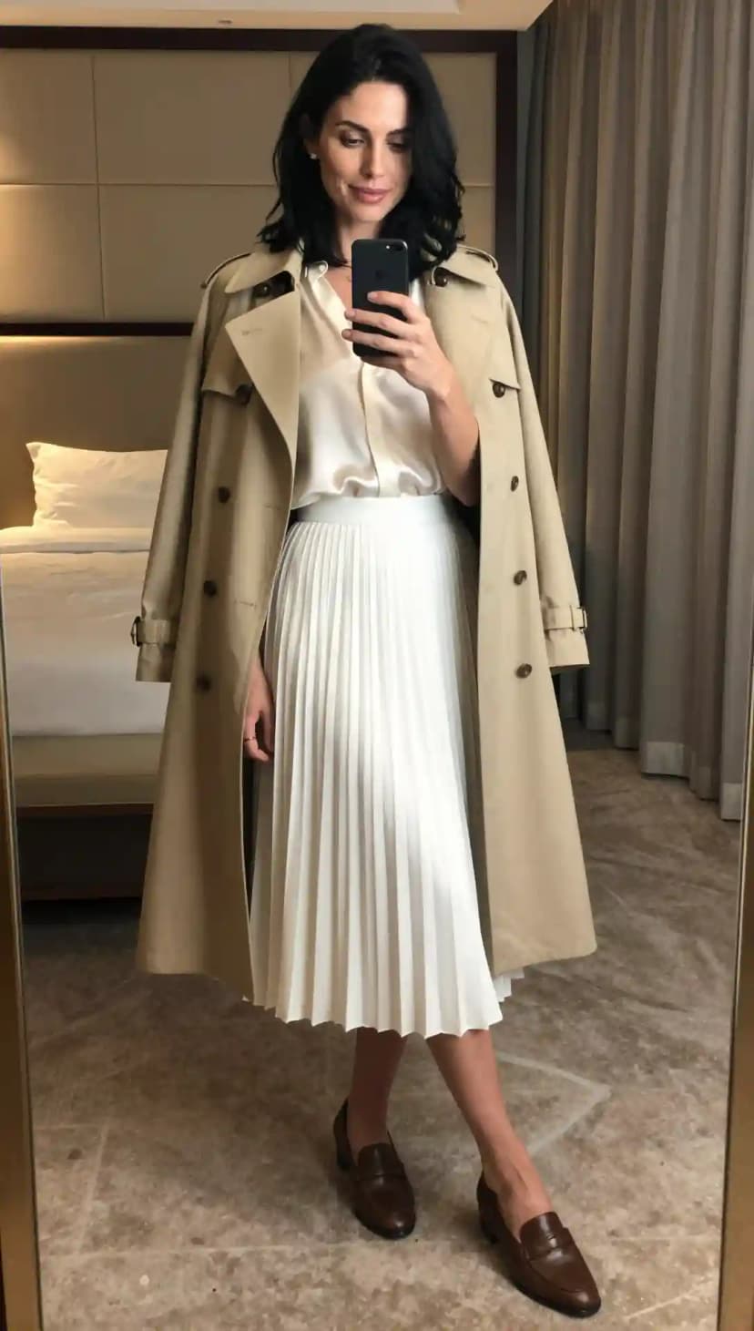 Cream Silk Blouse + White Pleated Midi Skirt + Beige Trench Coat