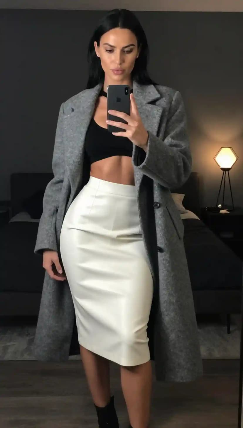 Black Crop Top + White Faux Leather Pencil Skirt + Grey Wool Coat