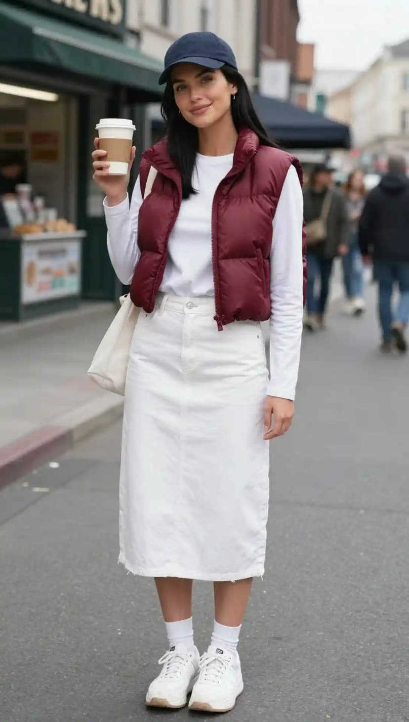 White Denim Midi Skirt + White Long Sleeve Top + Burgundy Puffer Vest