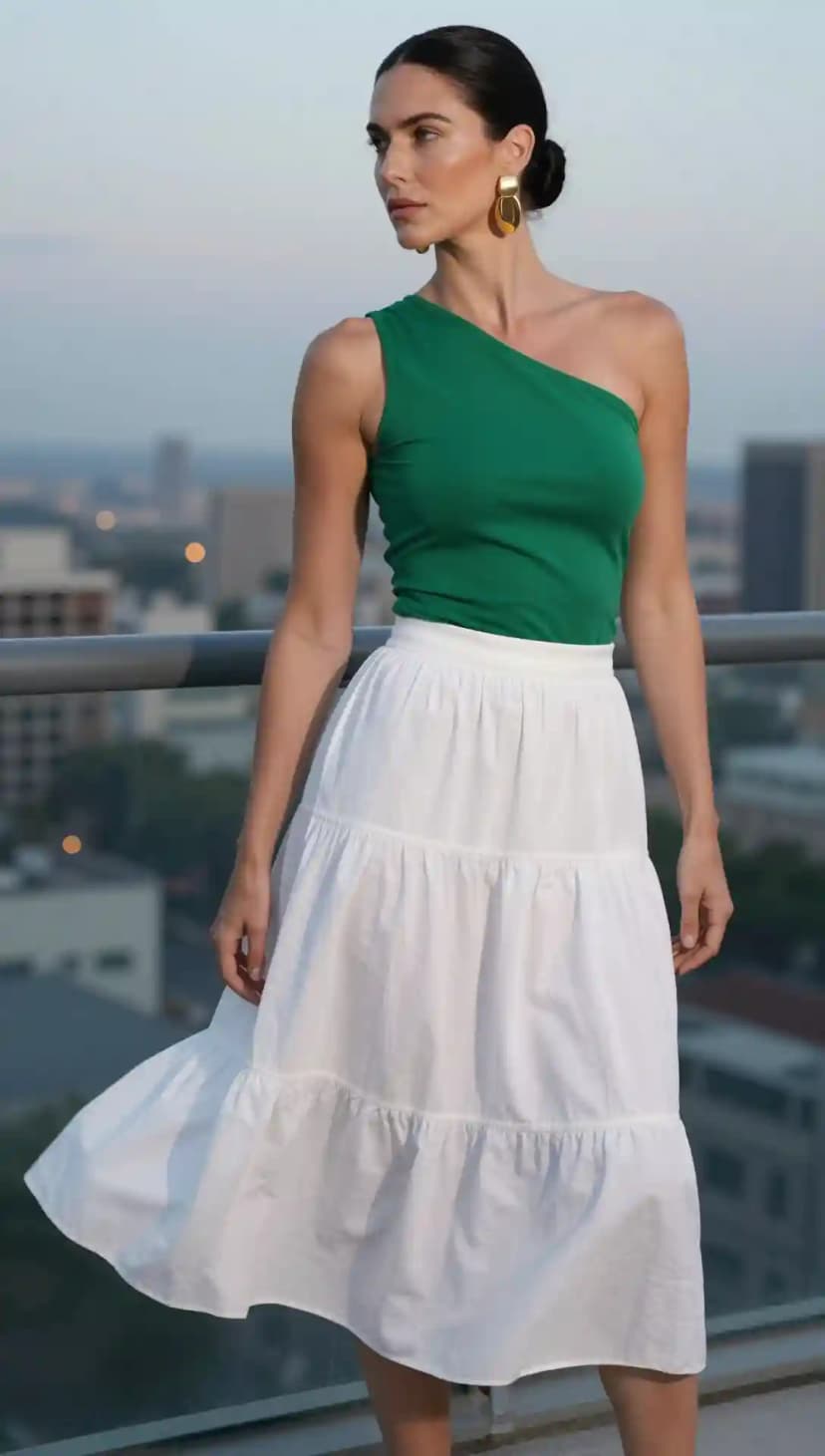 Green Cotton One-Shoulder Top + White Cotton Tiered Maxi Skirt