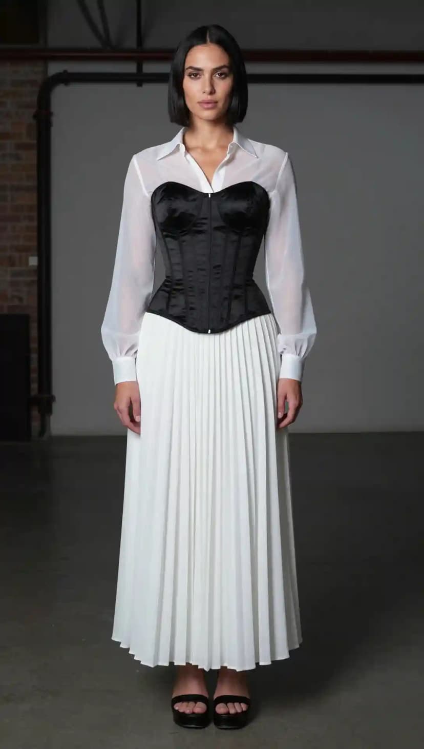 White Organza Button-Up Shirt + Black Satin Corset + White Pleated Maxi Skirt