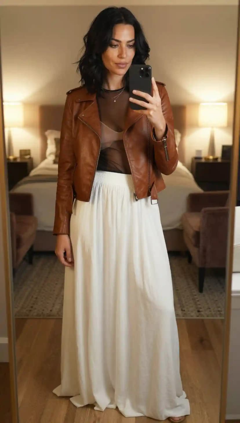 Brown Leather Moto Jacket + Black Mesh Long Sleeve Top + White Linen Maxi Skirt