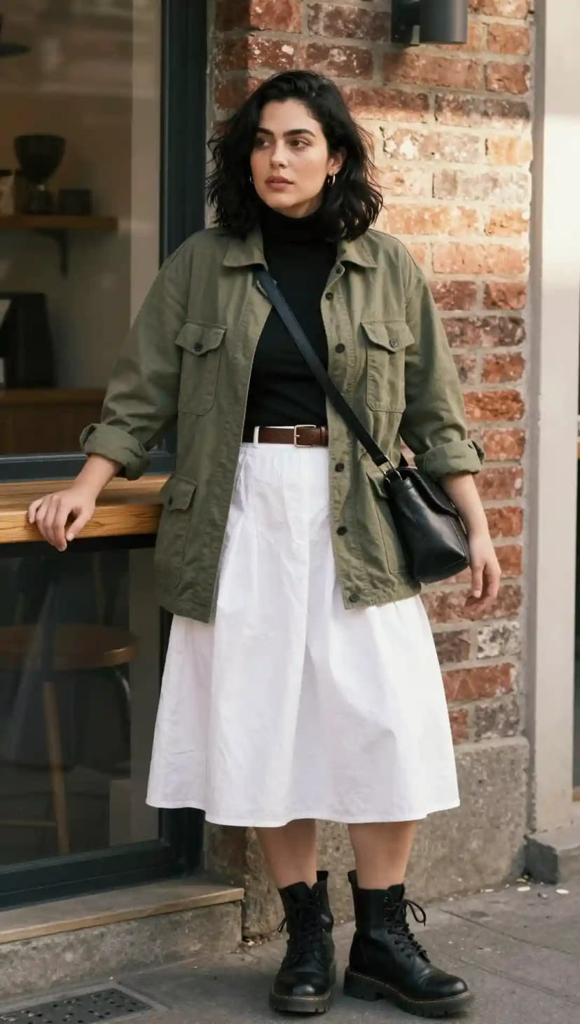 Black Ribbed Turtleneck Top + White Cotton Midi Skirt + Olive Twill Utility Jacket + Brown Leather Belt + Black Leather Crossbody Bag + Black Leather Combat Boots