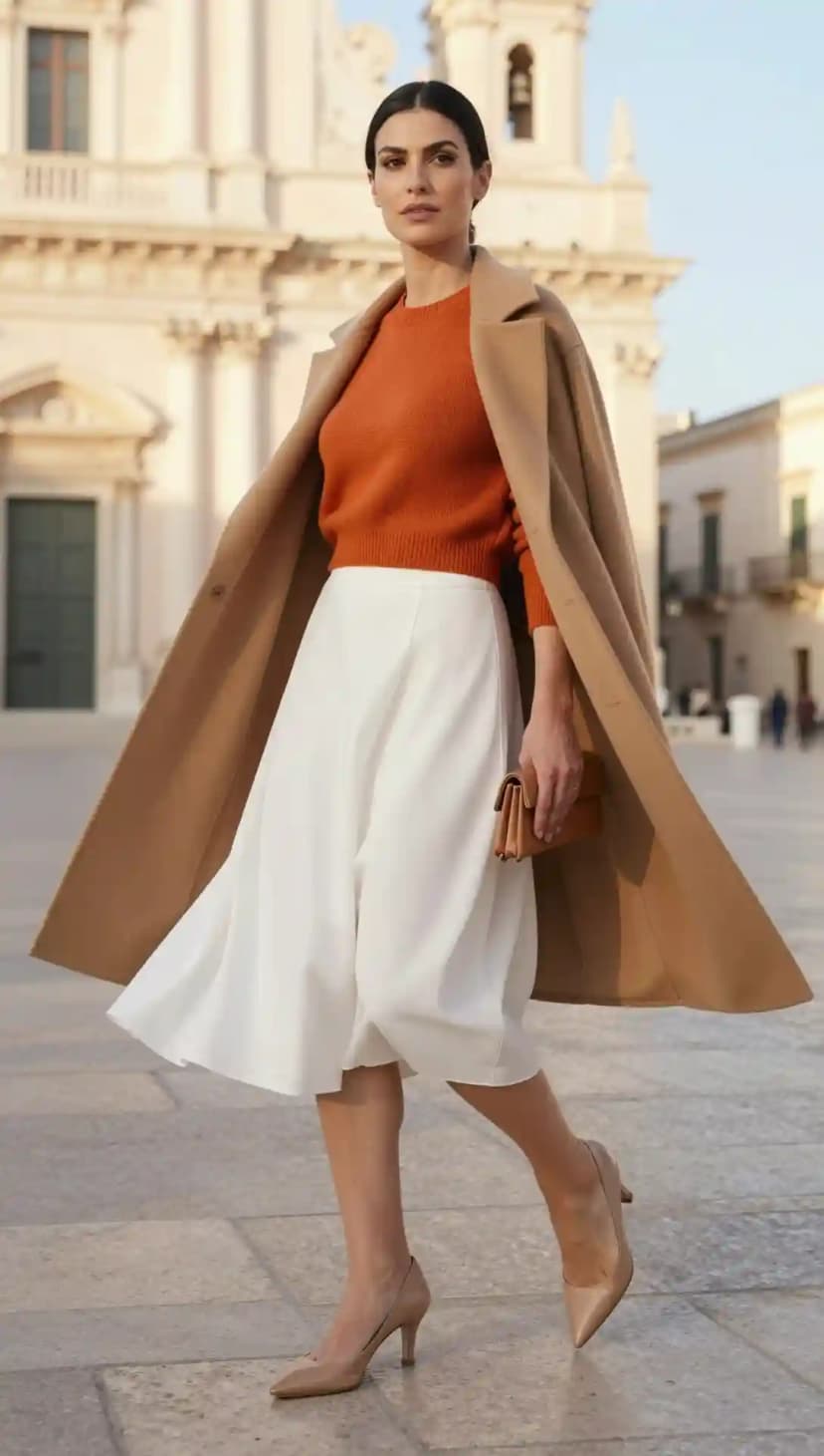 Orange Knit Sweater + White Wide-Leg Culotte Skirt + Camel Wool Coat