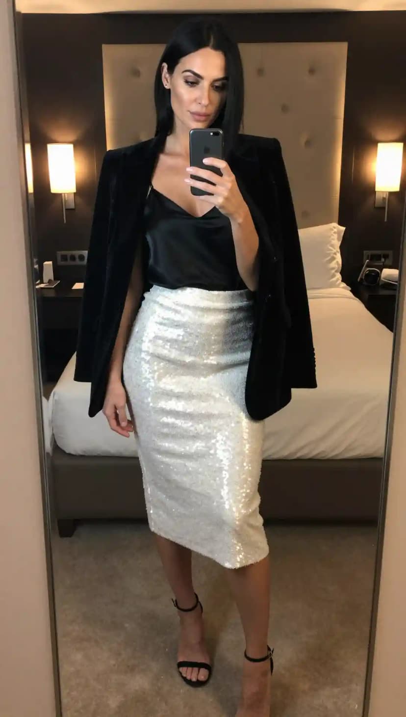 Black Velvet Blazer + Black Satin Camisole + White Sequin Pencil Skirt