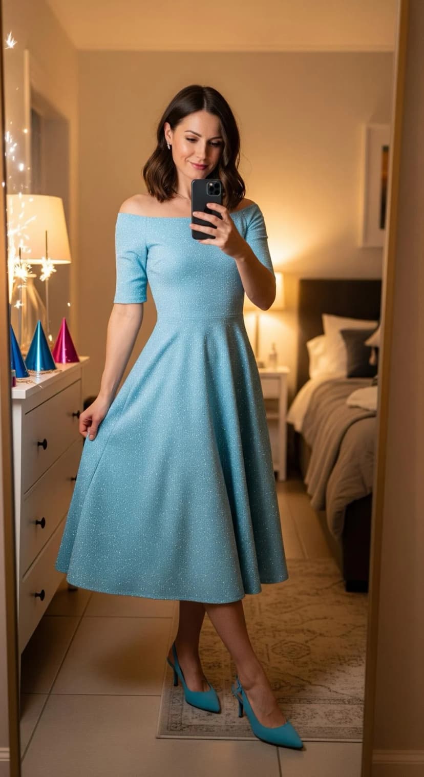 Sky Blue Off-The-Shoulder Dress + Sky Blue Slingbacks