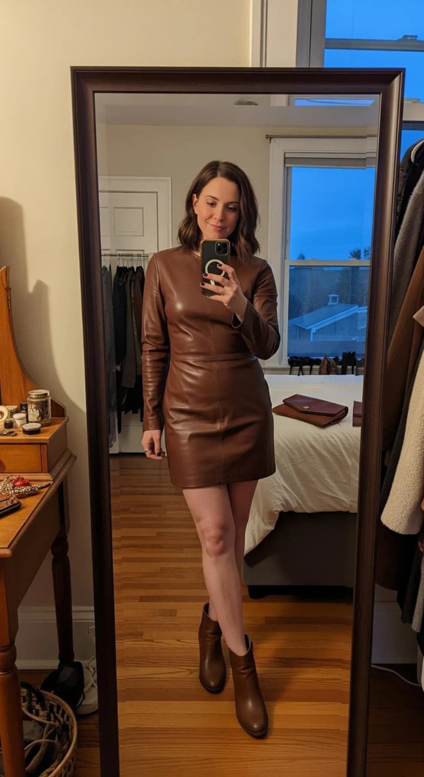 Cognac Leather Mini Dress + Cognac Ankle Boots
