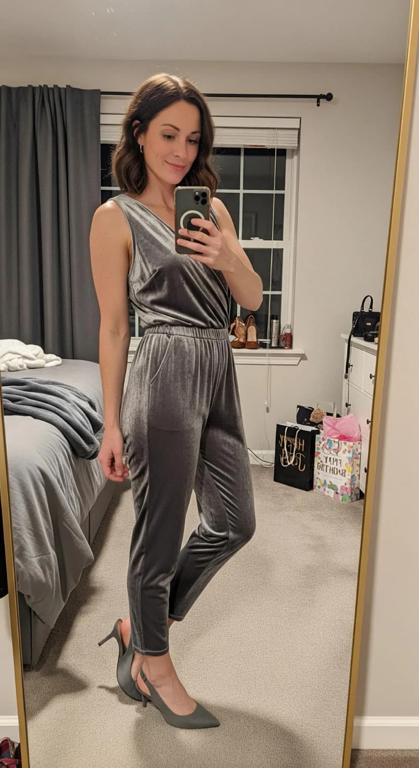 Silver Velvet Jumpsuit + Grey Slingbacks