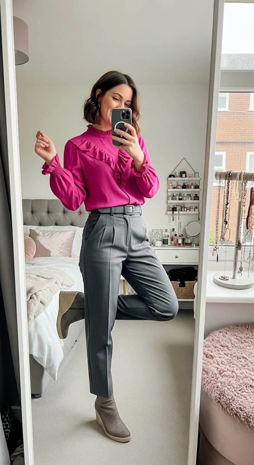 Fuchsia Ruffle Blouse + Grey Wool Trousers + Grey Suede Wedge Booties