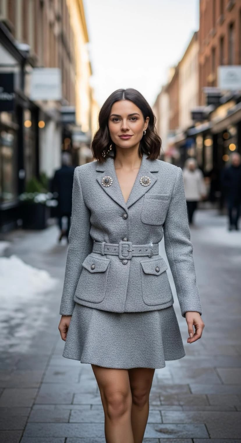 Gray Tweed Blazer Dress Set