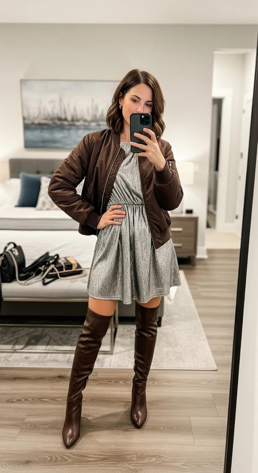 Silver Metallic Mini Dress + Brown Bomber Jacket + Brown Over-The-Knee Boots