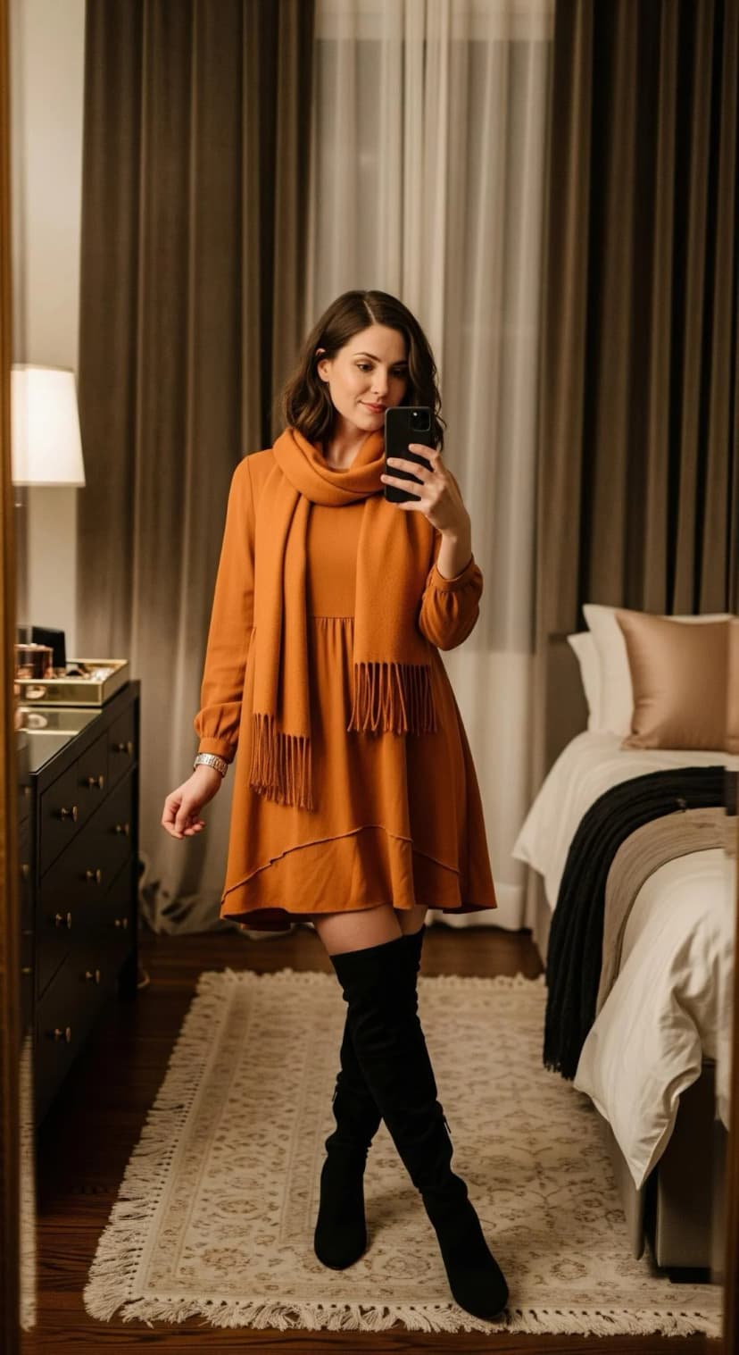 Rust Knit Dress + Matching Knit Scarf + Black Over-The-Knee Boots