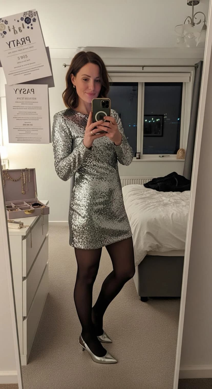 Silver Sequin Mini Dress + Black Tights + Silver Kitten Heels