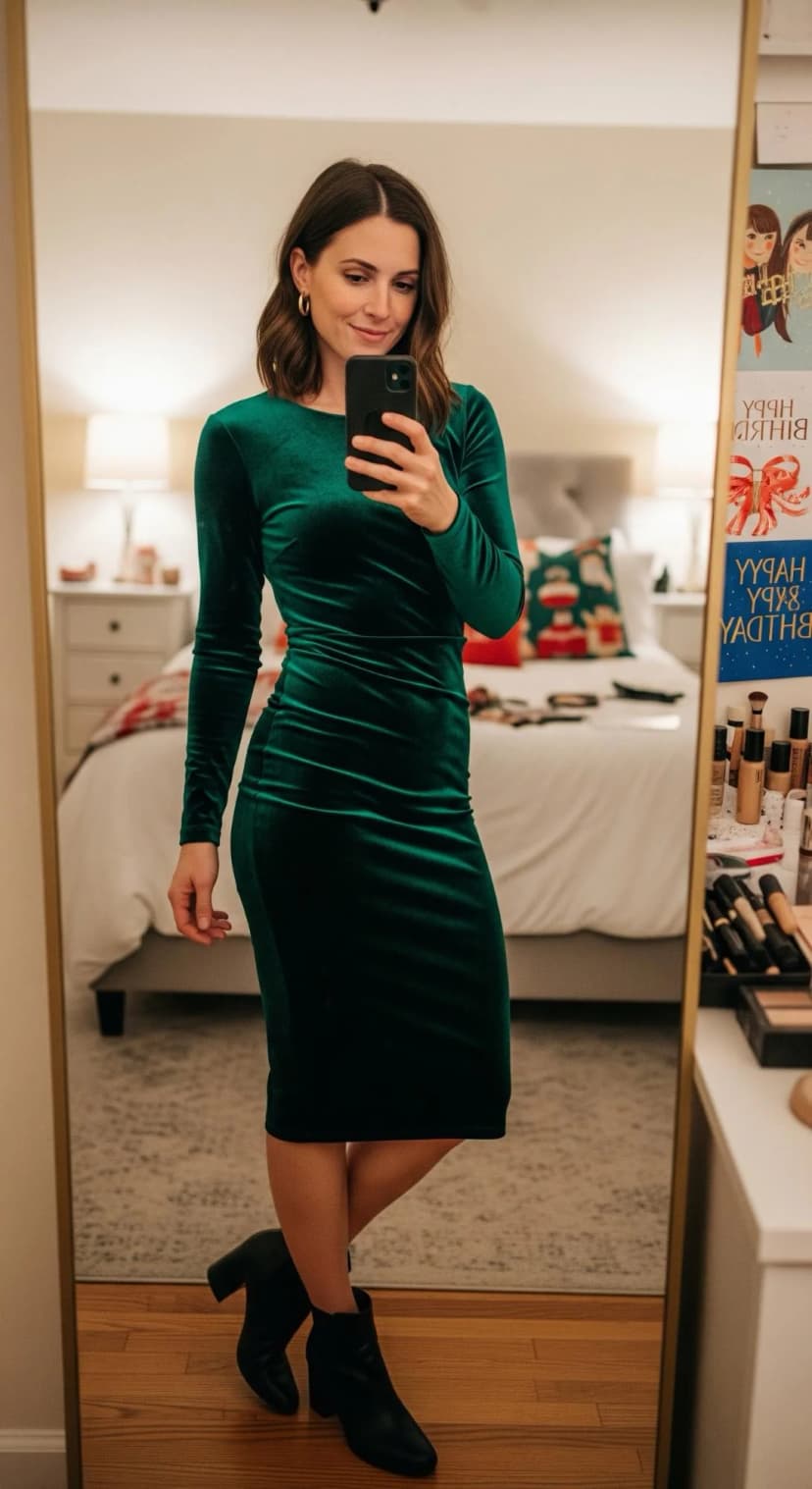 Emerald Velvet Midi Dress + Black Pointed Booties