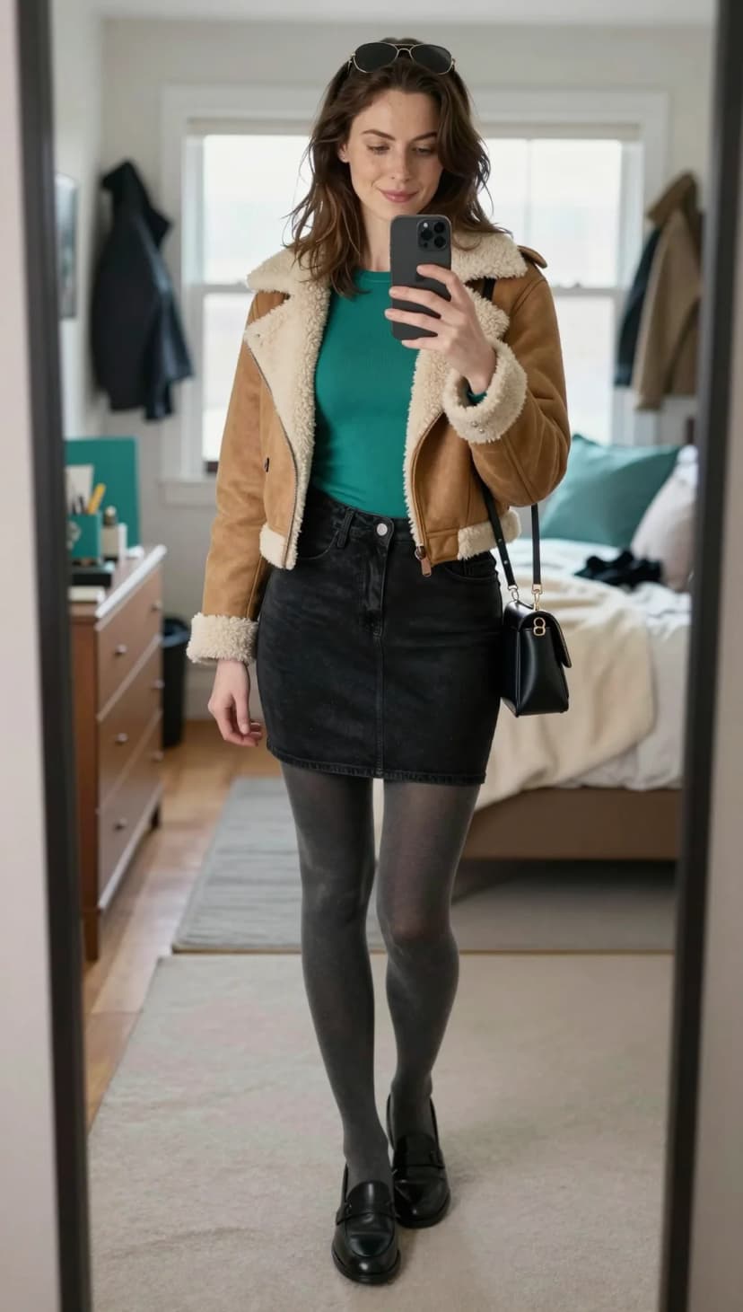 Camel Suede Shearling Jacket + Emerald Ribbed Turtleneck + Black Denim Mini Skirt + Grey Tights + Black Loafers