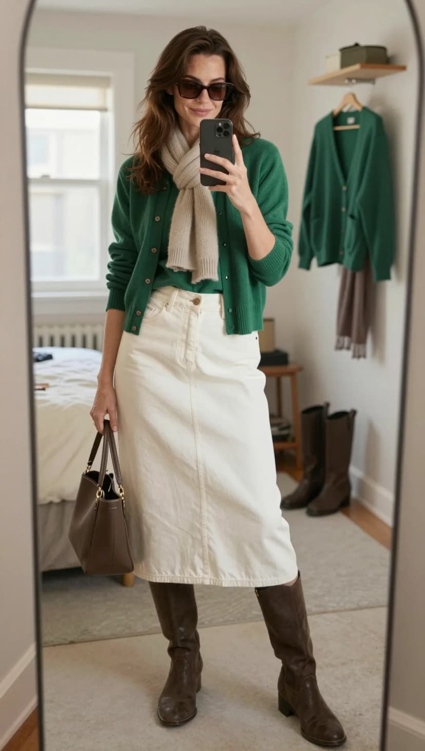 Emerald Green Cardigan + Cream Denim Midi Skirt + Brown Leather Boots