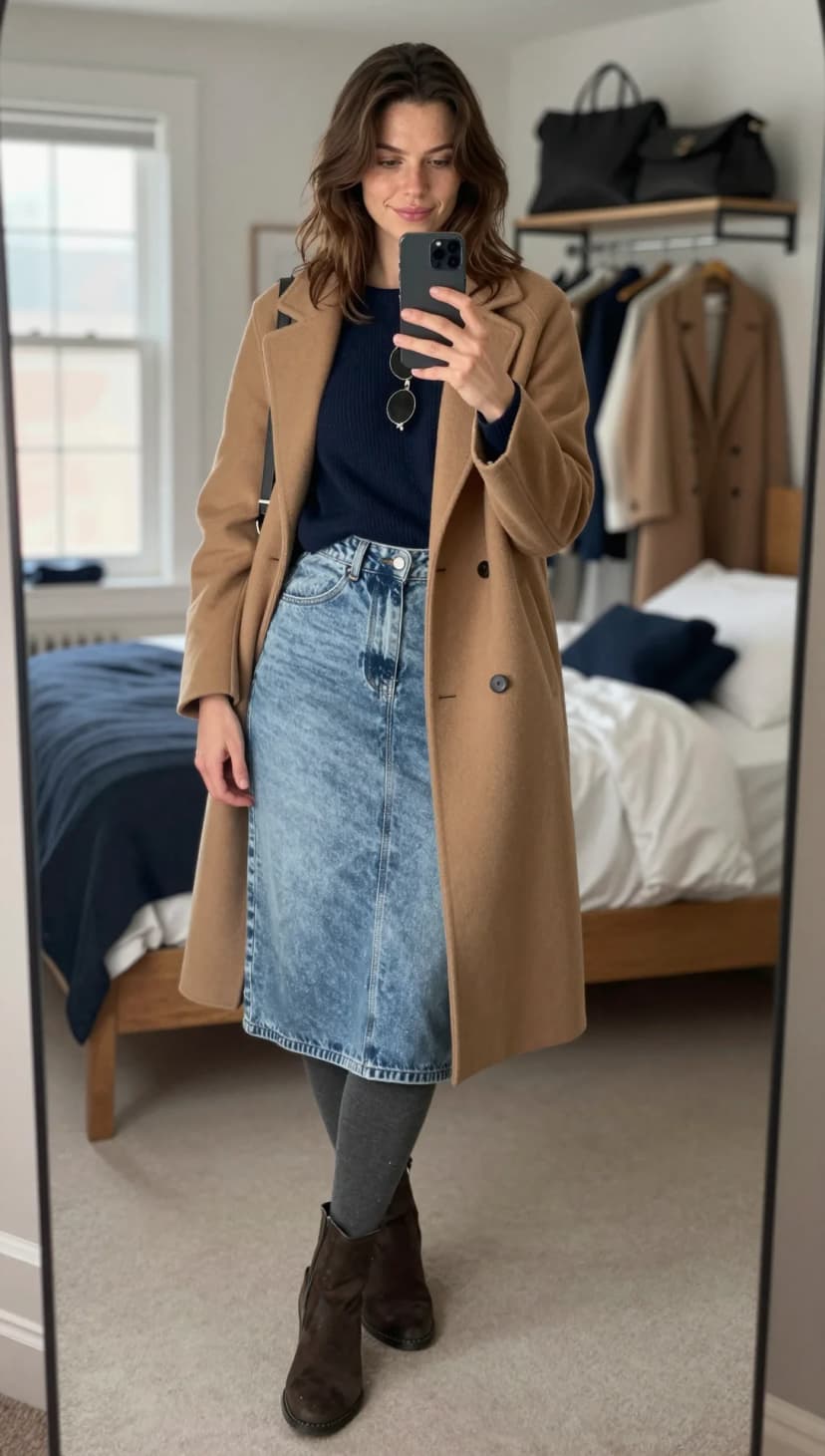 Navy Ribbed Sweater + Acid Wash Denim Midi Skirt + Camel Wool Coat + Charcoal Grey Tights + Brown Suede Ankle Boots