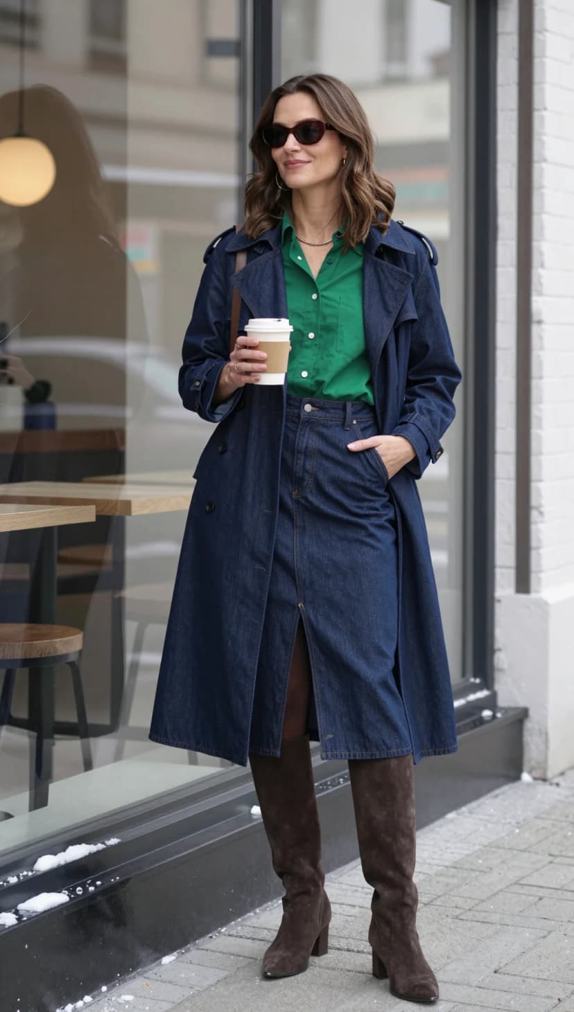 Green Button-Down Shirt + Dark Wash Denim Maxi Skirt + Dark Wash Denim Trench Coat + Brown Suede Boots