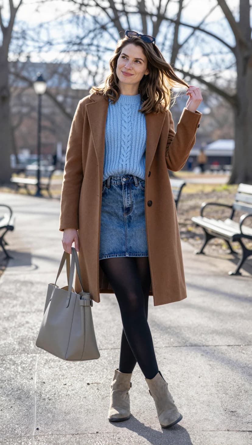 Light Blue Cable Knit Sweater + Blue Denim Mini Skirt + Camel Wool Coat + Black Tights + Taupe Suede Ankle Boots
