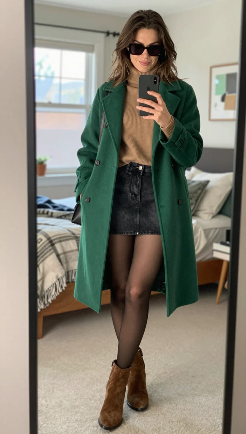 Tan Mock Neck Sweater + Charcoal Denim Mini Skirt + Forest Green Wool Coat + Black Tights + Brown Suede Ankle Boots