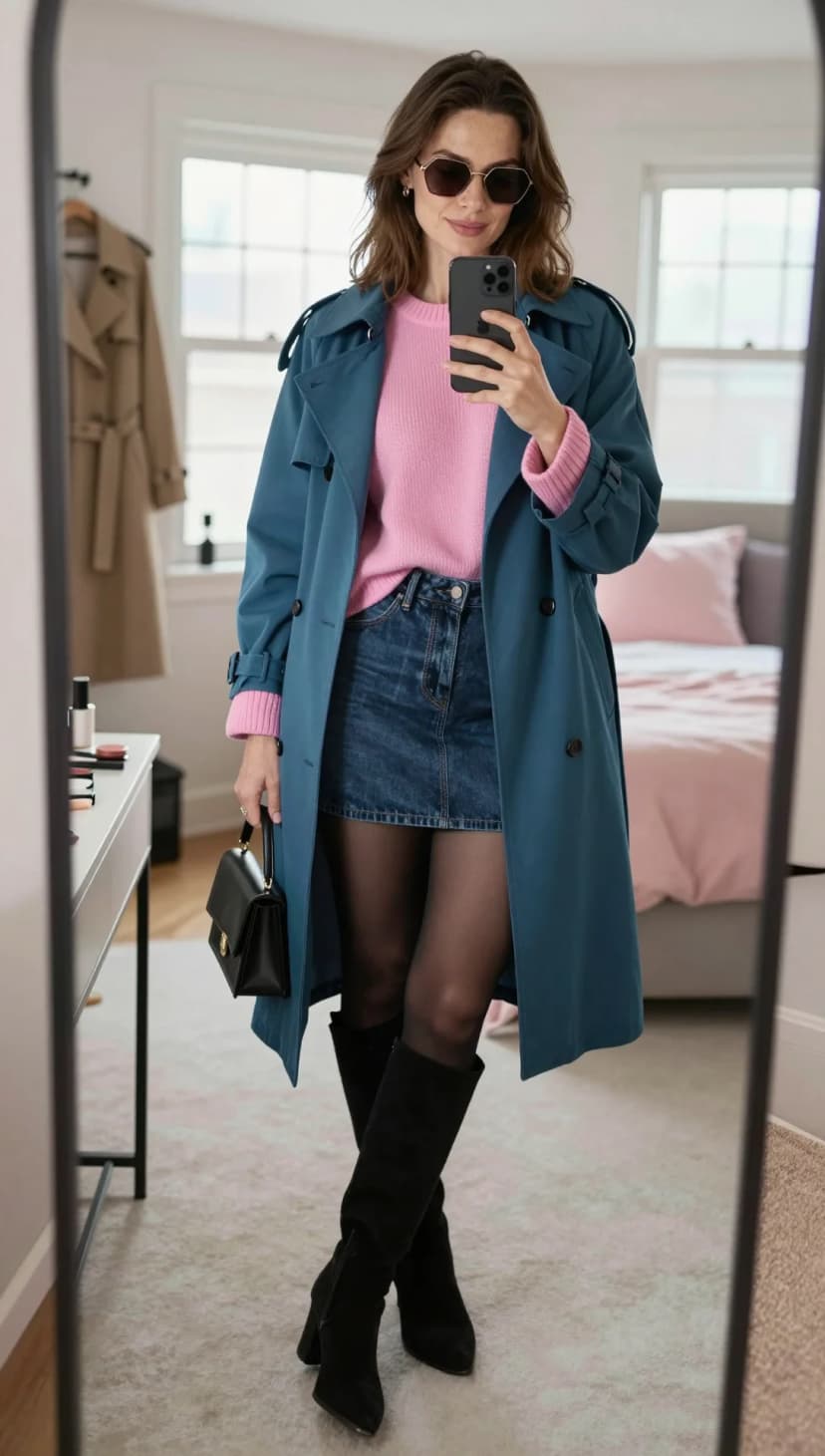 Pink Crew Neck Sweater + Blue Denim Mini Skirt + Teal Trench Coat + Black Suede Boots