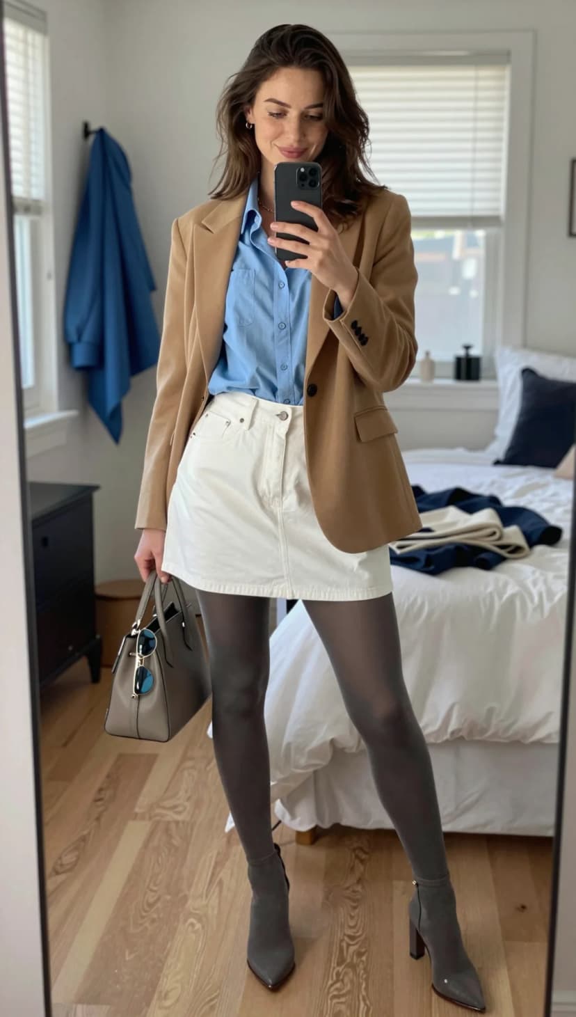 Light Blue Button-Down Shirt + Camel Blazer + White Denim Mini Skirt + Grey Tights + Grey Suede Ankle Boots