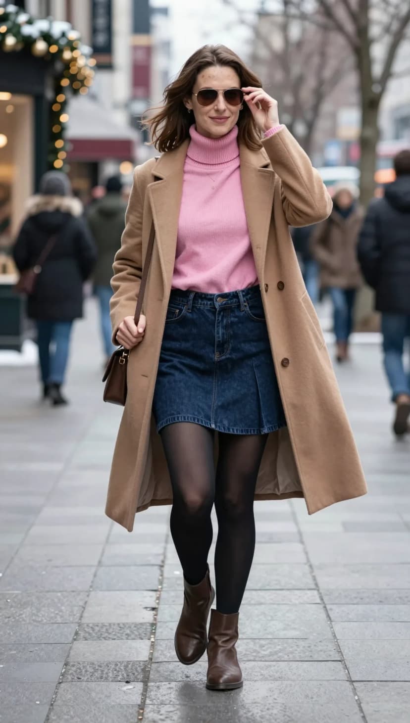 Pink Ribbed Turtleneck + Blue Denim Mini Skirt + Camel Wool Coat + Black Tights + Brown Leather Boots