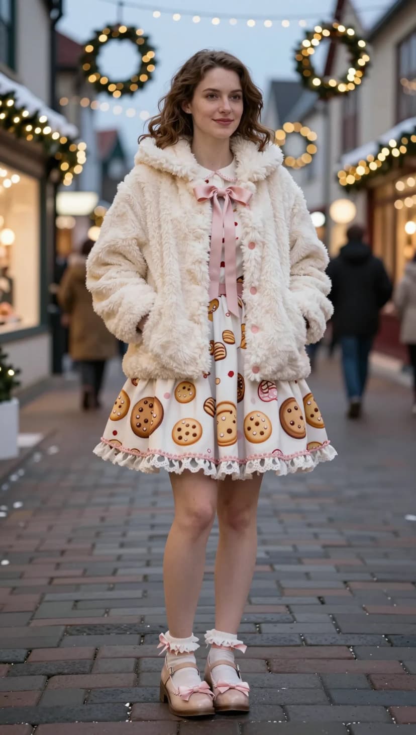 Cream Faux Fur Coat + White Cookie Print Mini Dress + Pink Mary Jane Shoes