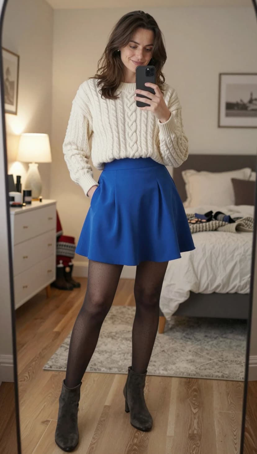 Cream Cable Knit Sweater + Royal Blue Pleated Mini Skirt + Black Dotted Tights + Taupe Suede Ankle Boots
