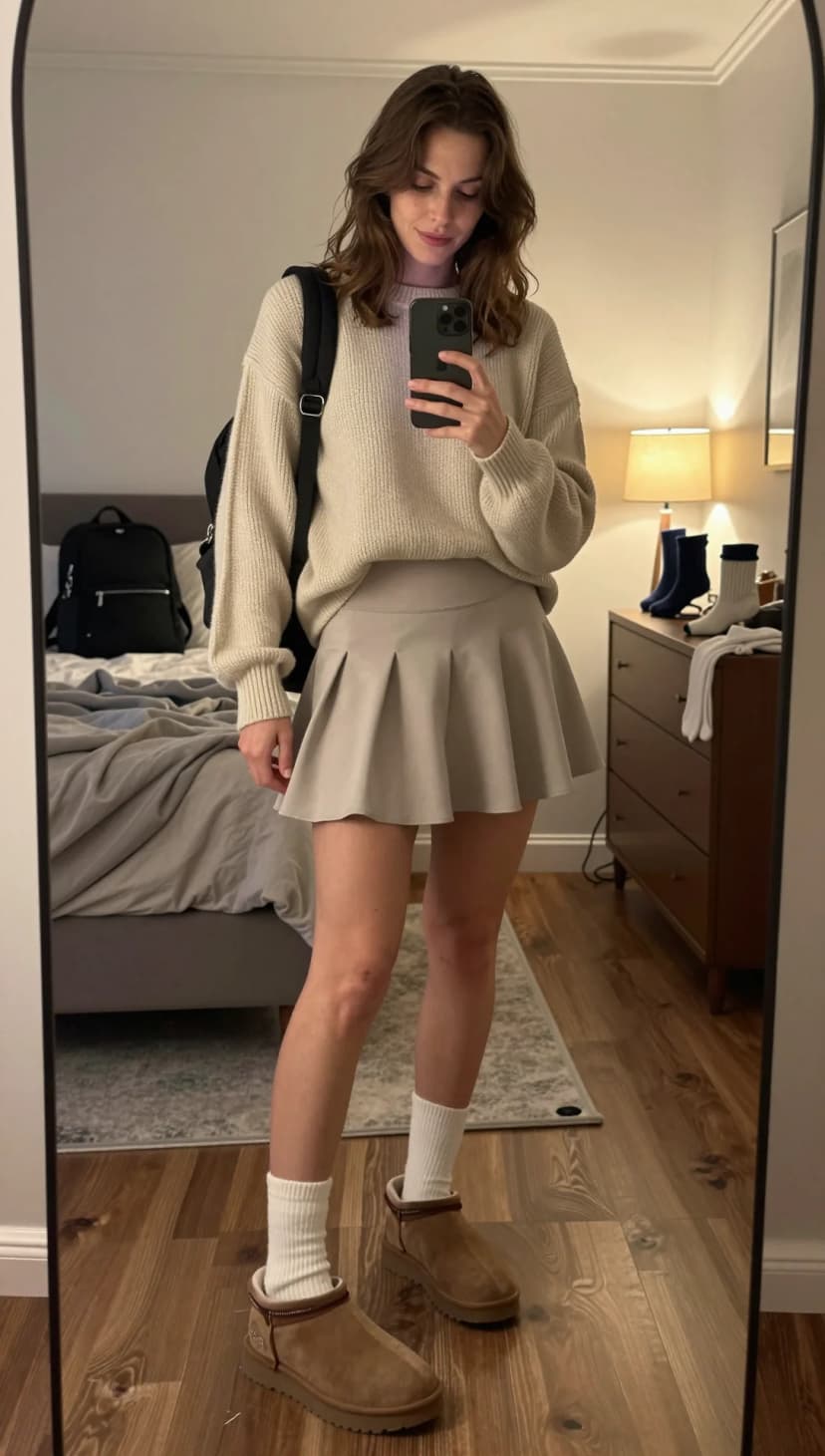 Cream Knit Sweater + Taupe Pleated Mini Skirt + Brown UGG Boots