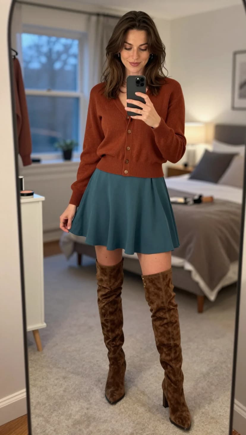 Rust Cardigan + Teal Mini Skirt + Brown Suede OTK Boots