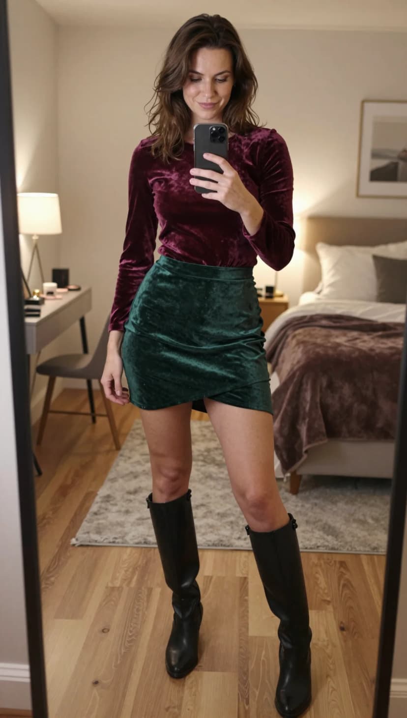 Burgundy Velvet Long Sleeve Top + Forest Green Velvet Wrap Mini Skirt + Black Leather Knee-High Boots