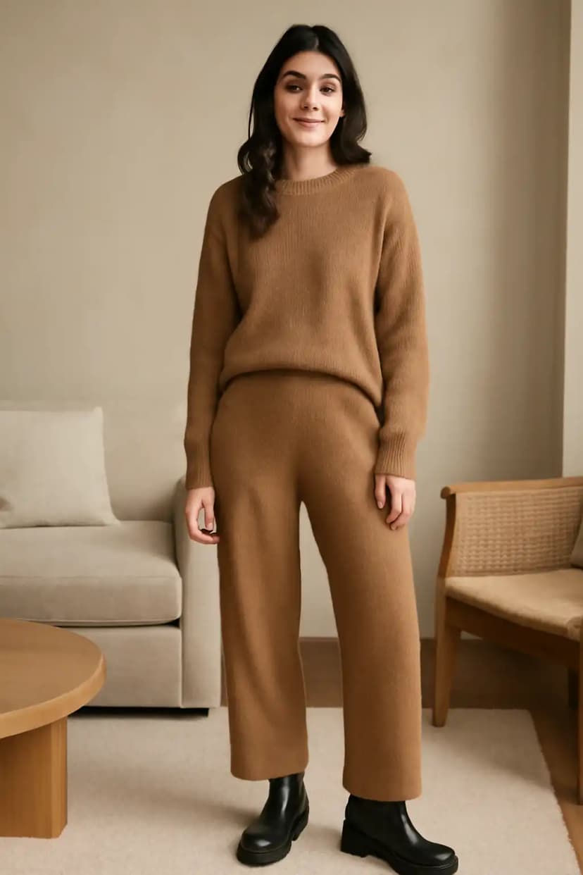 Matching Knit Set (Sweater + Skirt or Pants) + Chelsea Boots