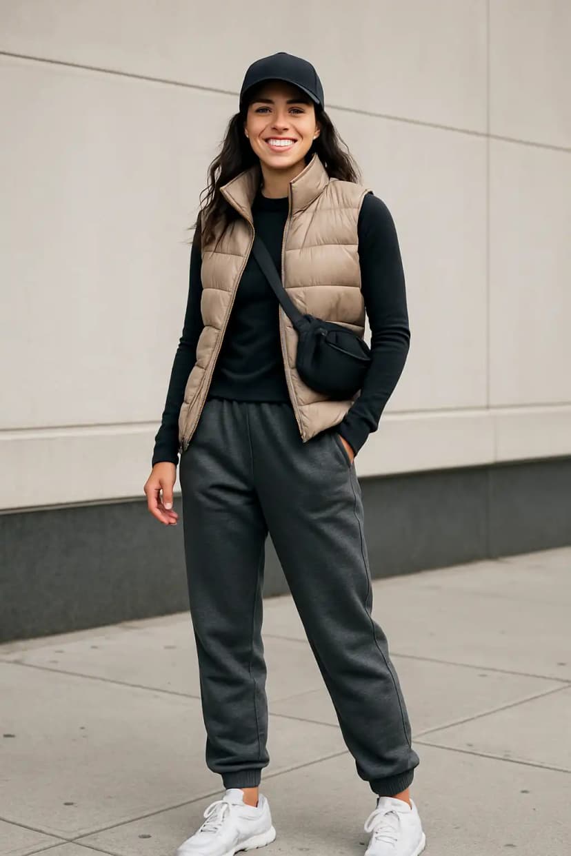 Puffer Vest + Thermal Long Sleeve + Track Pants