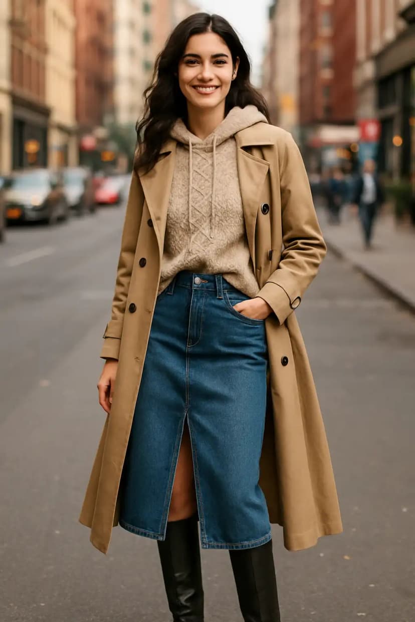 Knit Hoodie + Denim Midi Skirt + Trench Coat + Knee-high Boots