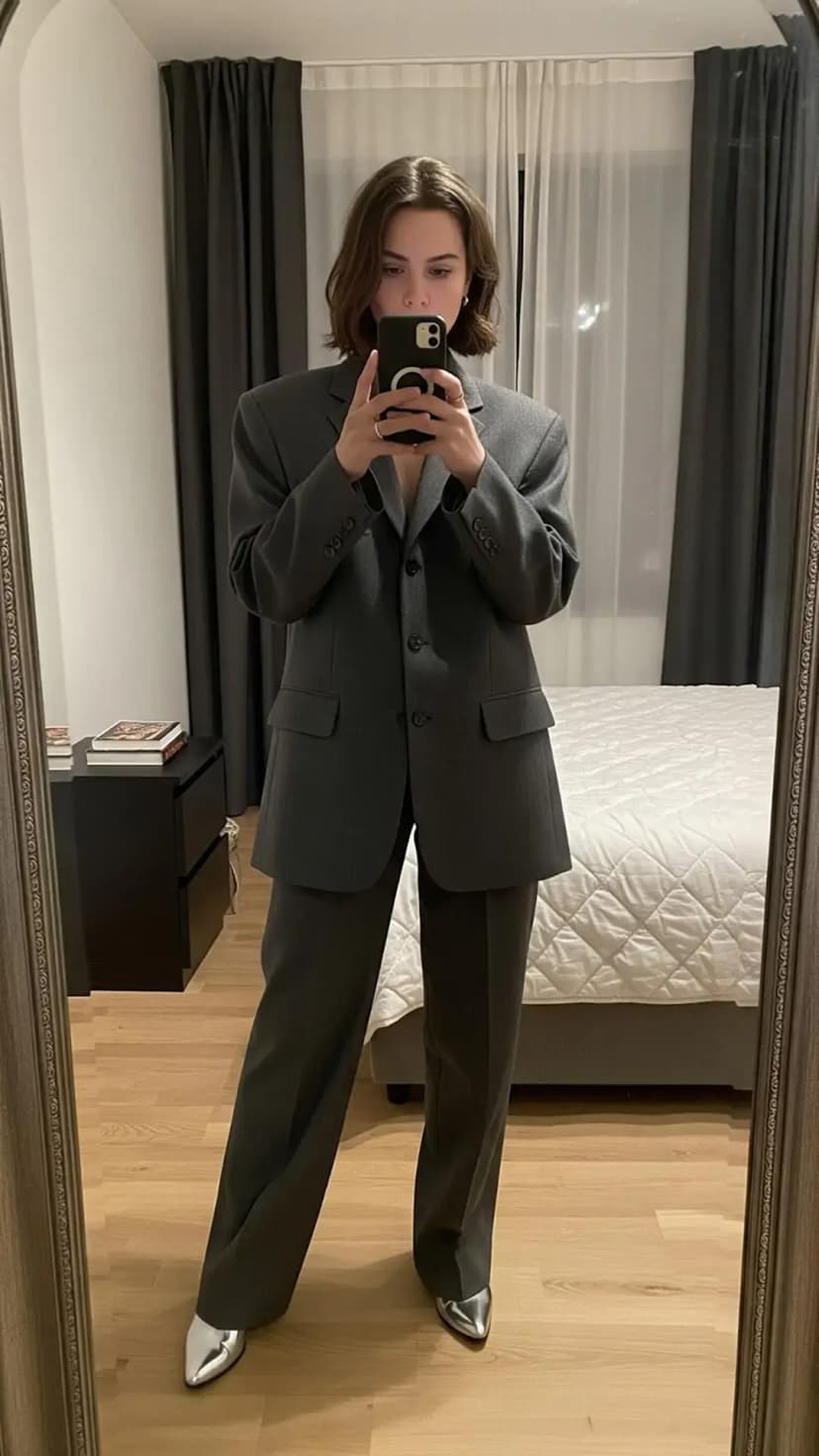 Charcoal oversized blazer + matching wide-leg trousers + silver pointed heels