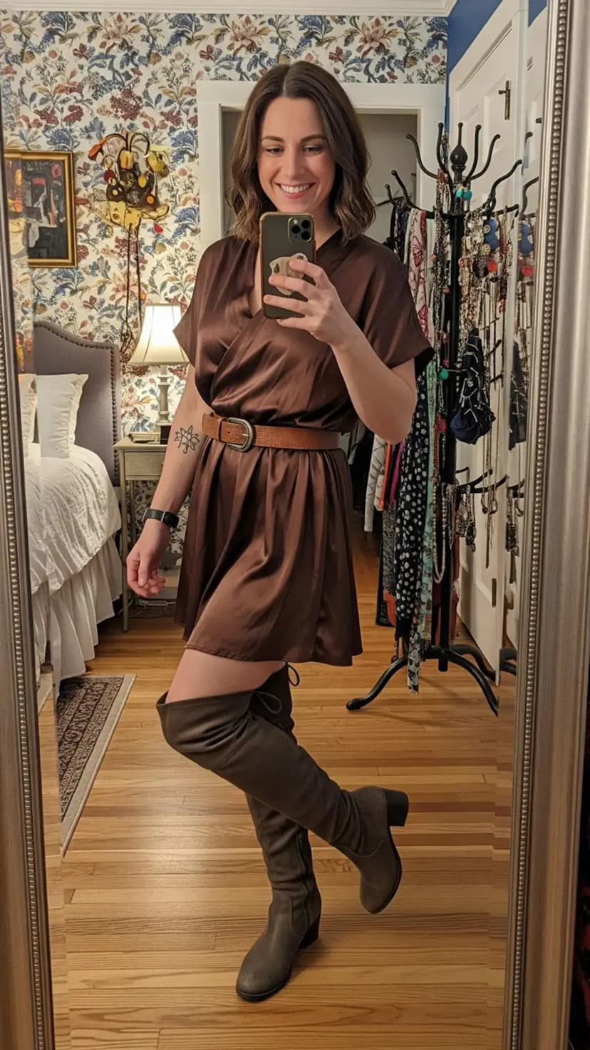 Chocolate satin mini dress + tan waist belt + taupe over-the-knee boots