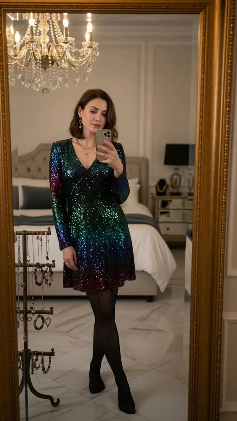 Black sequin wrap dress + patterned black tights + delicate gold jewelry