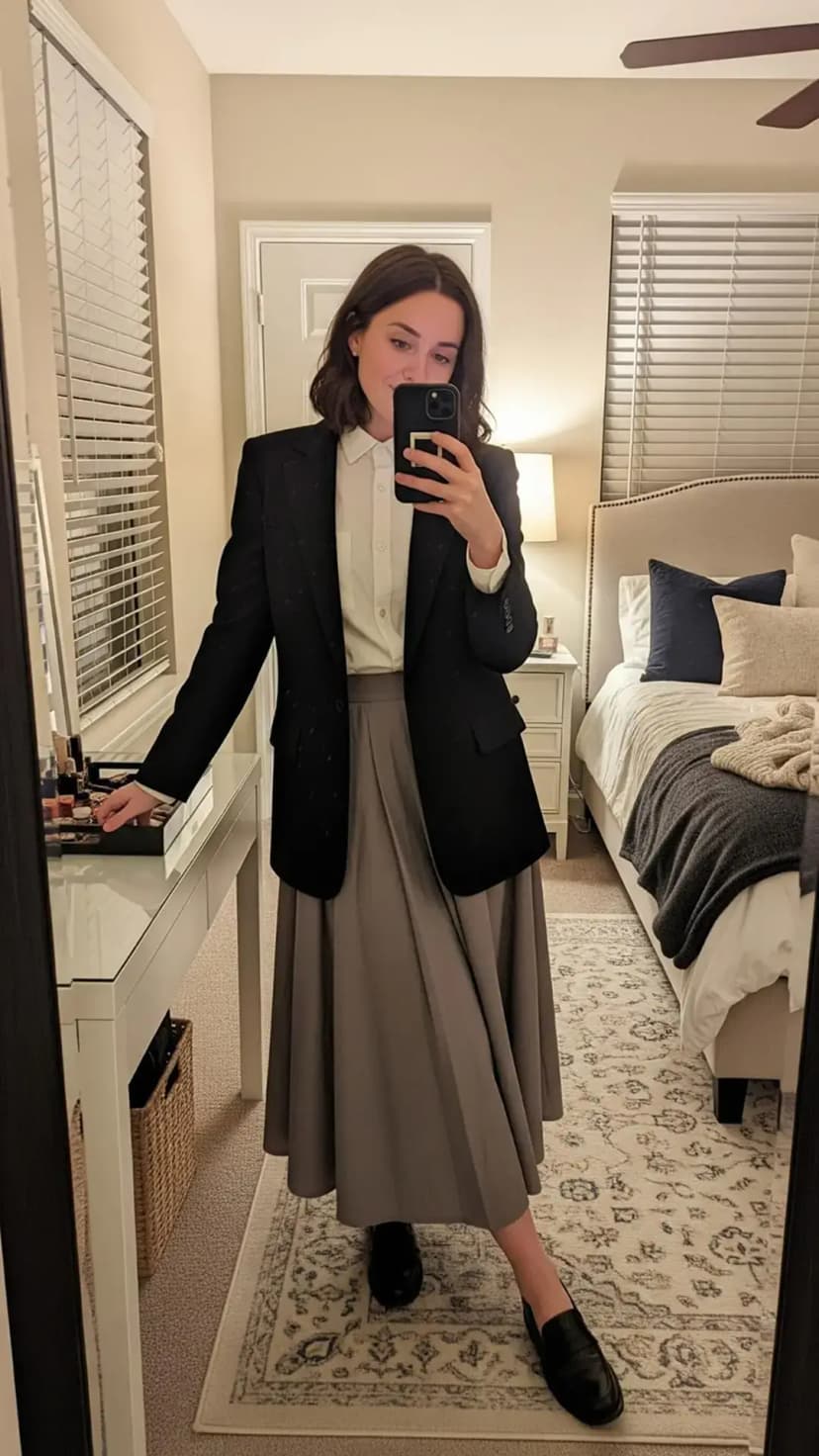 Black oversized blazer + crisp white button-down + taupe midi circle skirt + black loafers