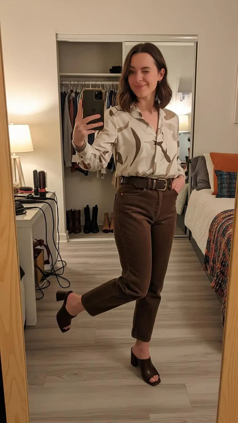 Taupe wrap blouse + brown corduroy pants + brown belt + black block-heel mules