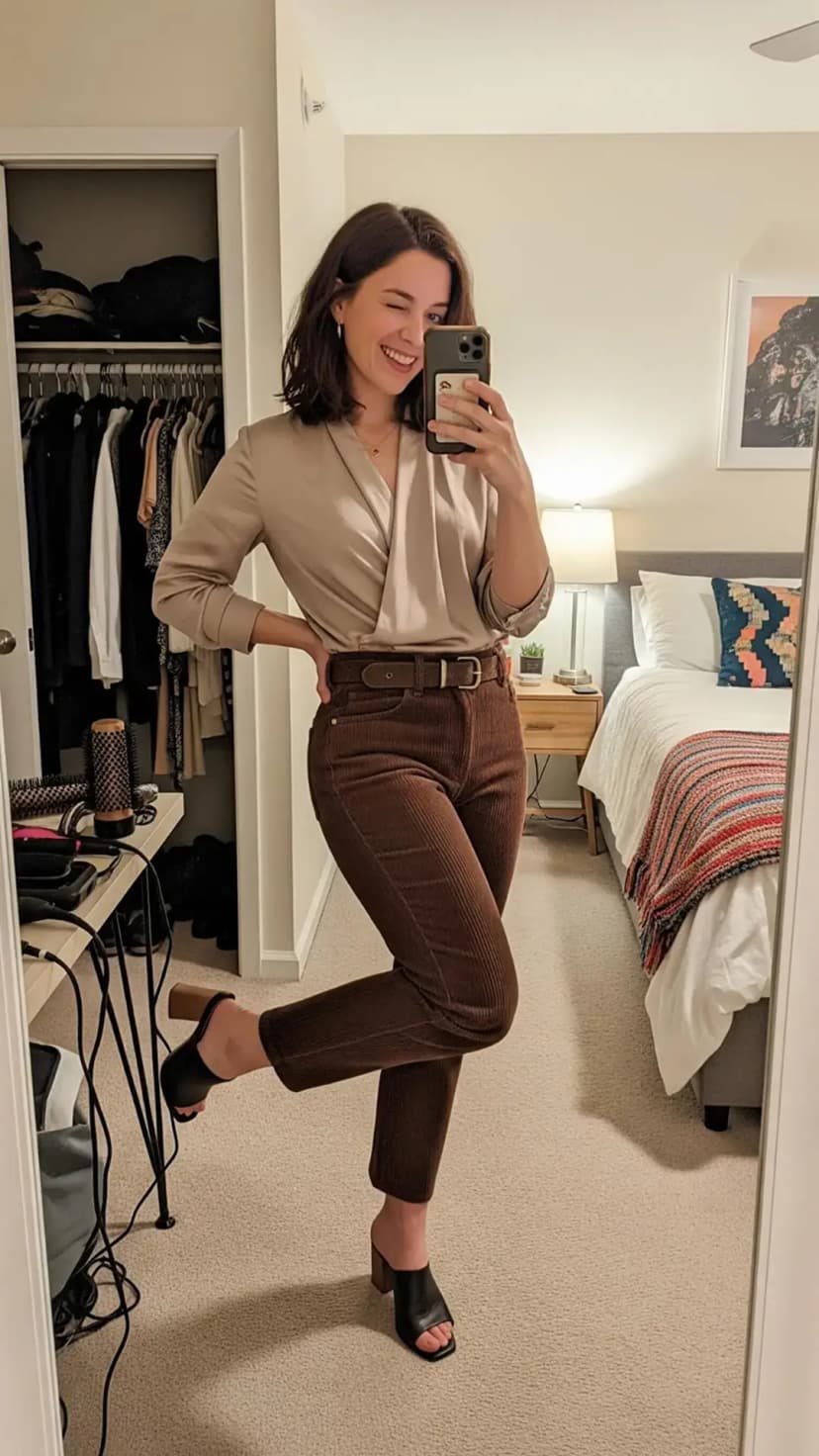 Taupe wrap blouse + brown corduroy pants + brown belt + black block-heel mules