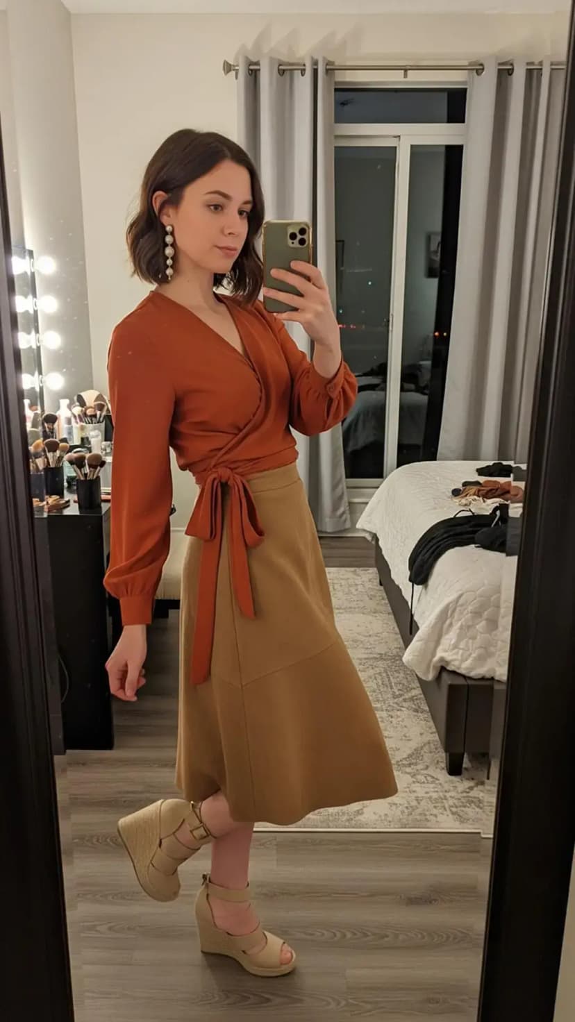 Rust wrap blouse + camel midi skirt + nude espadrille wedges + statement drop earrings