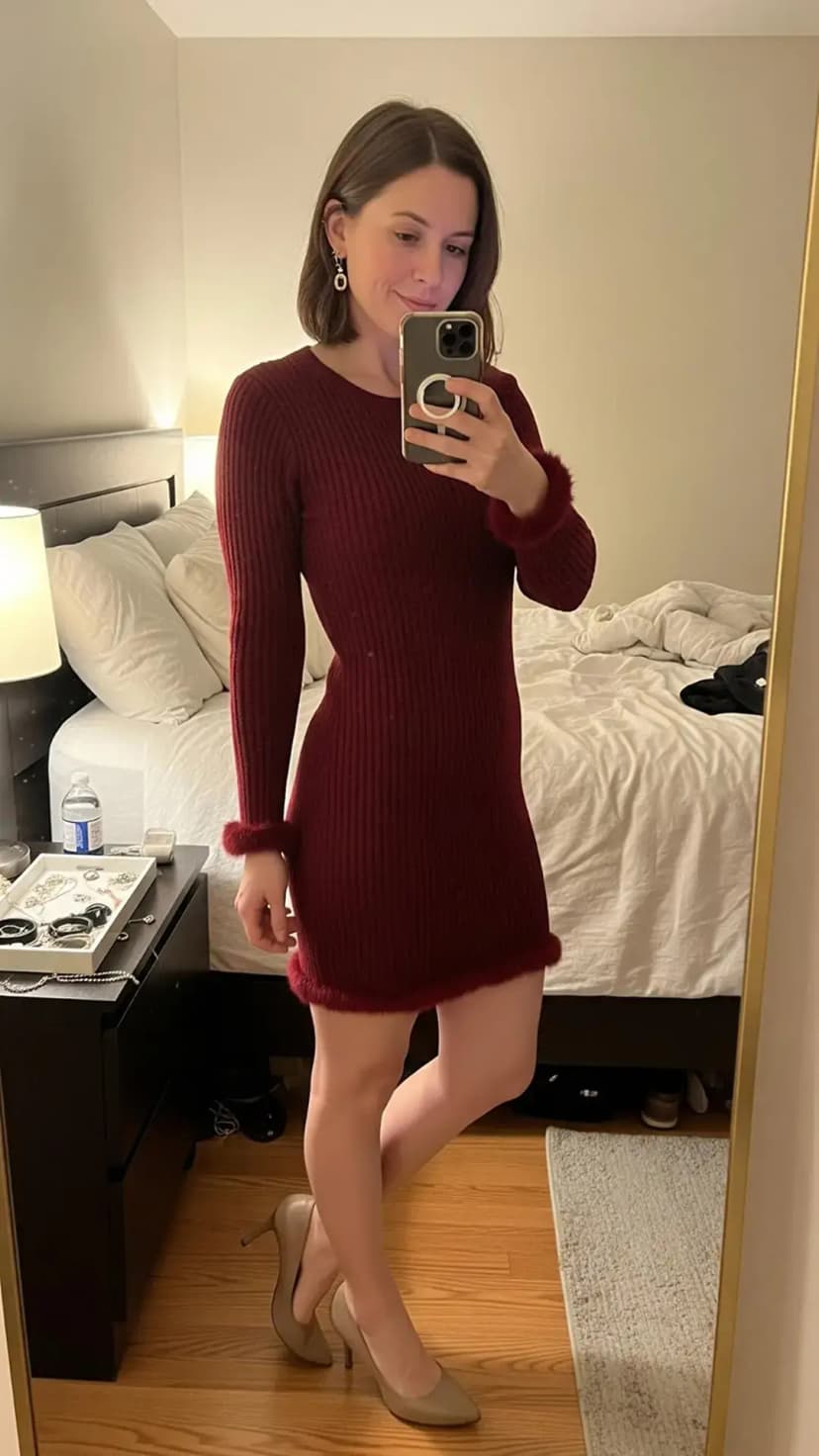 Burgundy sweater dress + nude pointed heels + statement earrings