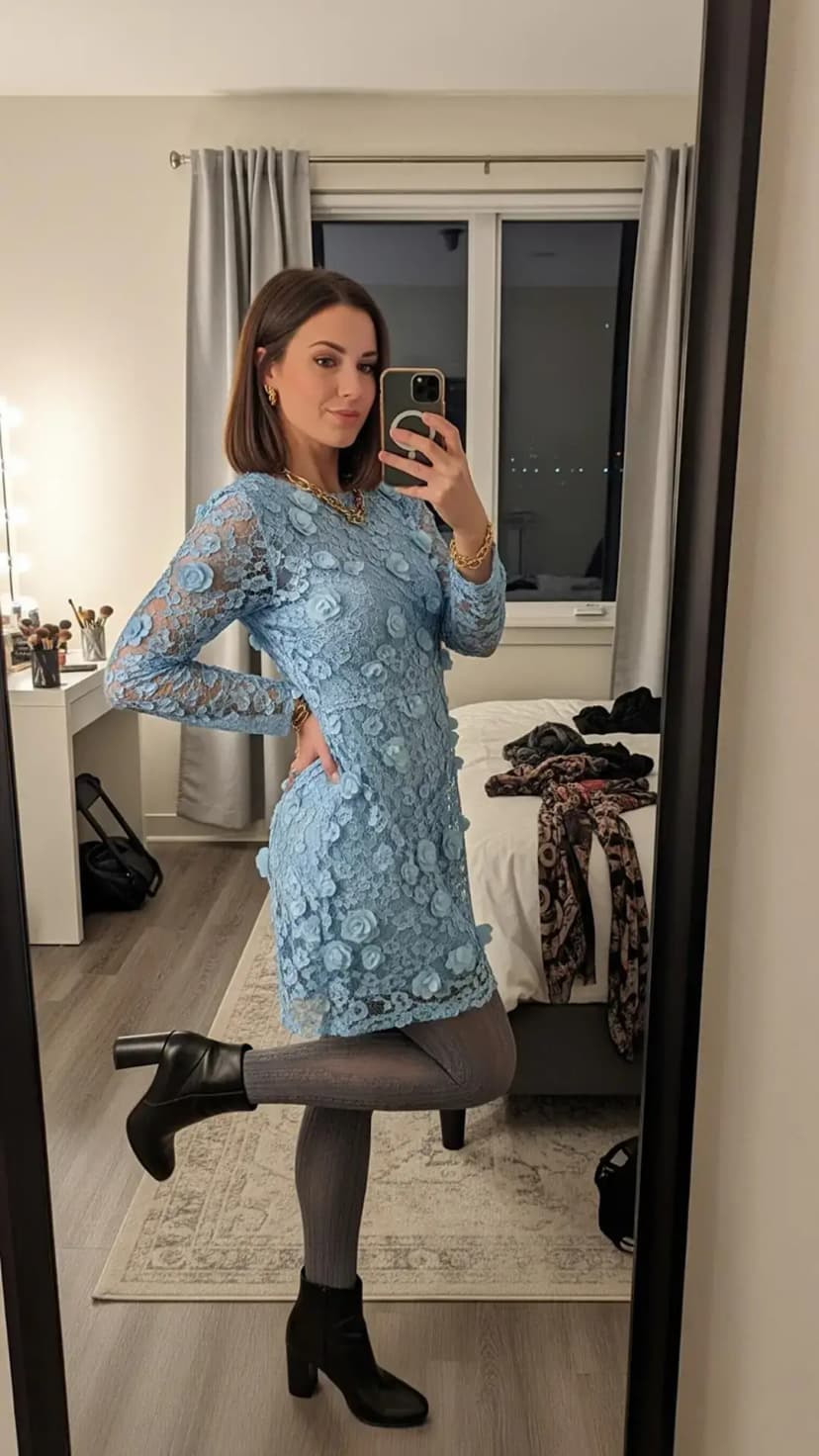 Light blue lace mini dress + grey tights + black heeled ankle boots + chunky gold jewelry