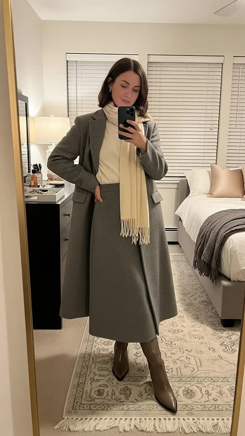 Long grey wool coat + matching midi skirt + black knit top + cream scarf + black ankle boots