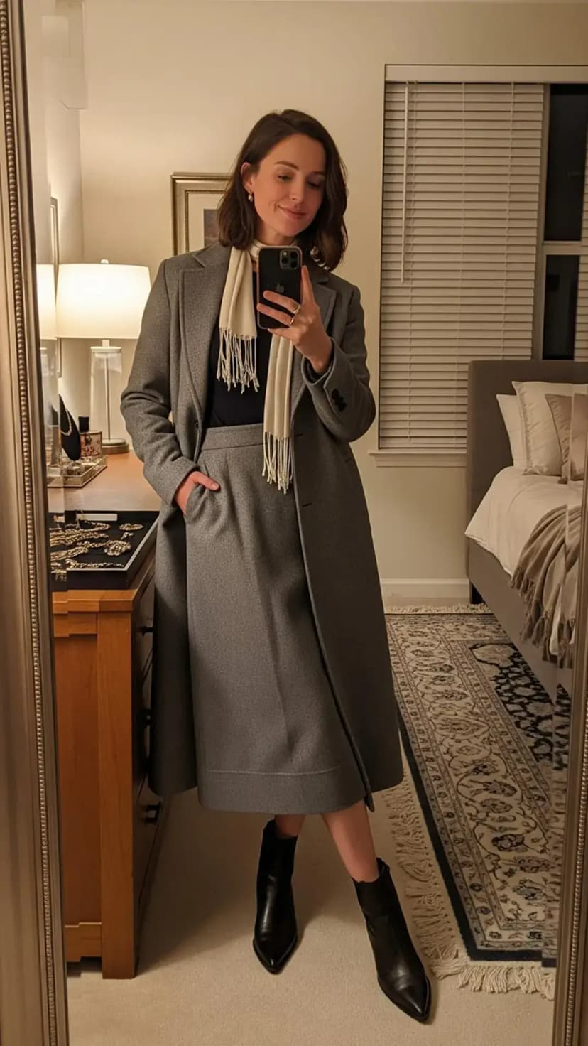 Long grey wool coat + matching midi skirt + black knit top + cream scarf + black ankle boots