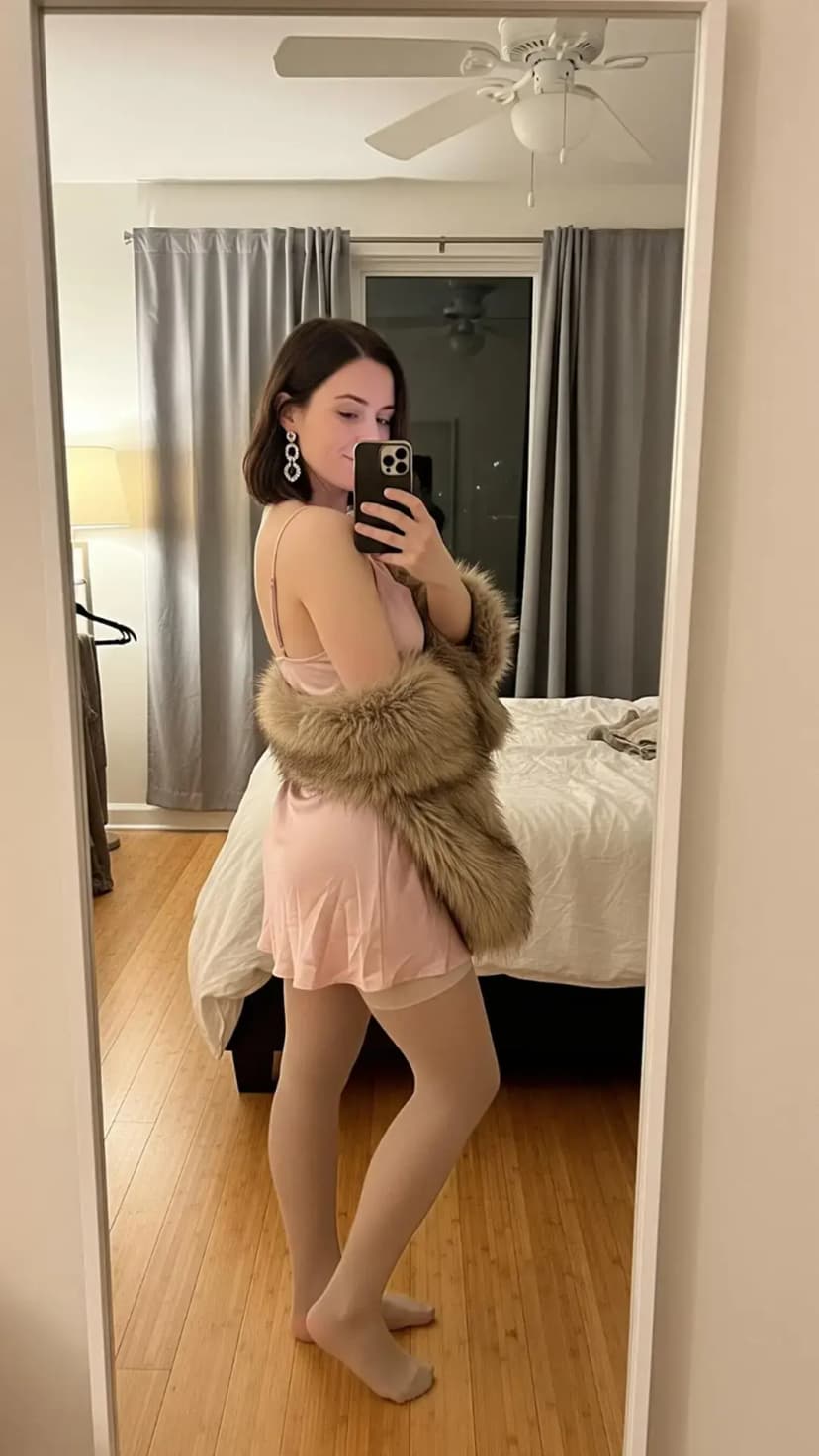Blush slip dress + faux fur stole + statement earrings + nude tights