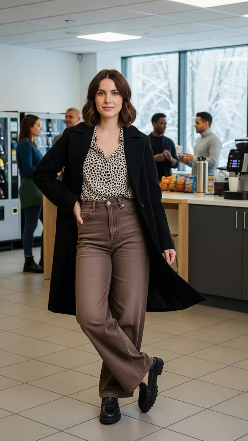 Black Long Coat + Animal Print Blouse + Brown High-Waisted Pants + Black Loafers