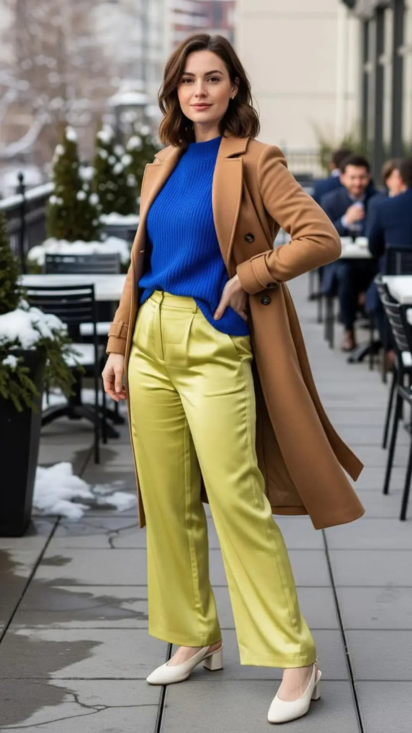 Camel Long Coat + Royal Blue Sweater + Yellow Satin Trousers + White Heeled Pumps