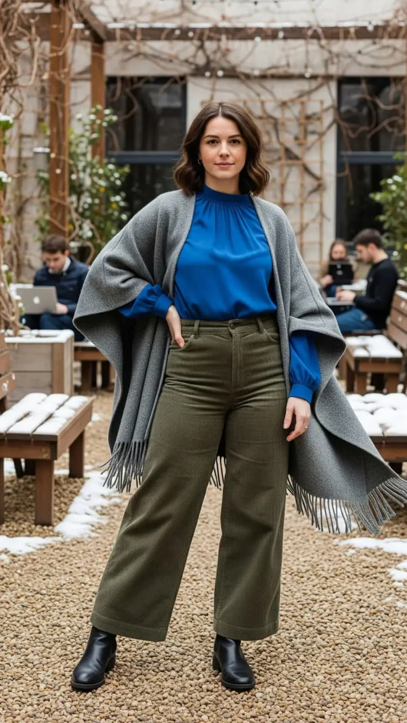 Grey Shawl + Blue Blouse + Olive Green Corduroy Pants + Black Leather Boots